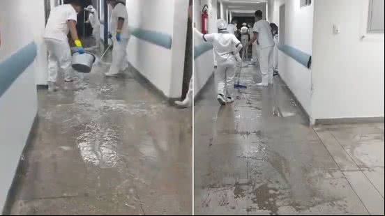 Chuva mobiliza funcionários do HGE em 'aguaceiro' no corredor do hospital - Reprodução / Redes sociais